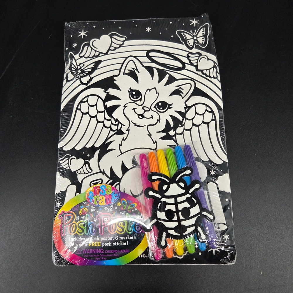 Lisa Frank Posh Poster Velvet Fuzzy Coloring Kit Angel Cat Kitten 6 Markers New